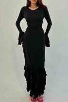 Black Elegant Solid Color Patchwork Strap Design Ruffled Trim O Neck Long Dresses