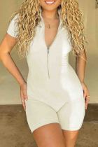 Apricot Sexy Solid Color Patchwork Zipper Zipper Collar Skinny Rompers