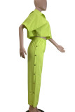 Green Casual Solid Color Buckle Patchwork Turndown Collar Half Sleeve Two Pieces