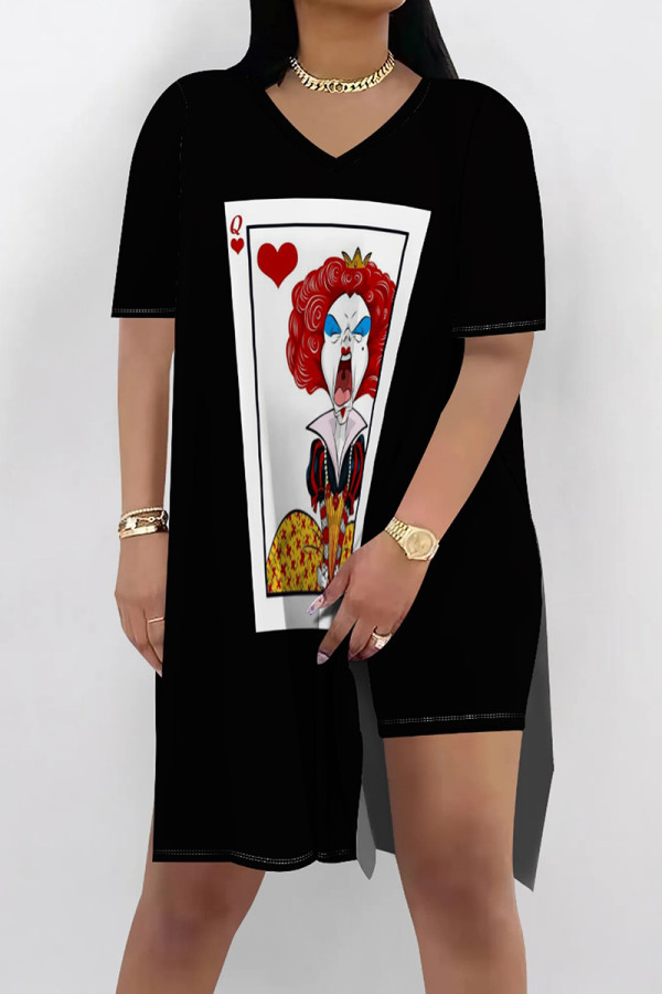 Black Casual Print Patchwork Slit O Neck Short Sleeve Two Pieces