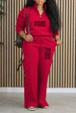 Red Casual Street Letter Print Pocket Zipper Turndown Collar Long Sleeve Two Pieces