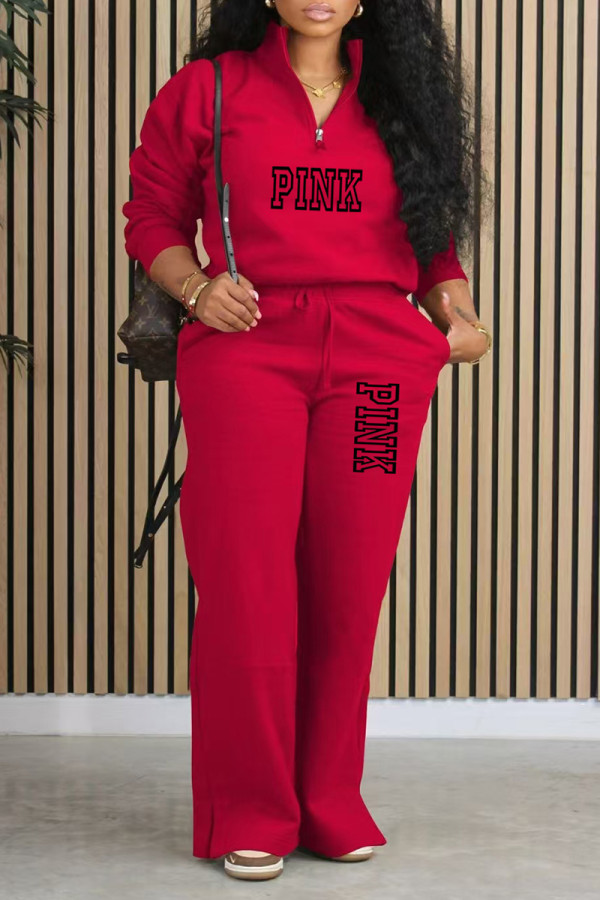Red Casual Street Letter Print Pocket Zipper Turndown Collar Long Sleeve Two Pieces