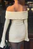 Apricot Sexy Solid Color Patchwork Backless Slit Strap Design Off Shoulder Wrapped Skirt Dresses