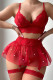 Red Sexy Solid Color Lace Patchwork See-Through Backless Mesh Lingerie(Three Pieces)