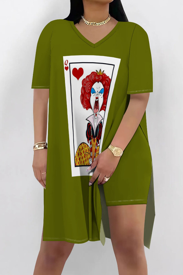Green Casual Print Patchwork Slit O Neck Short Sleeve Two Pieces