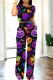 Orange Purple Casual Print Pocket Patchwork O Neck Short Sleeve Two Pieces