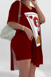 Red Casual Print Patchwork Slit O Neck Short Sleeve Two Pieces
