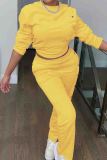 Lemon Yellow Casual Solid Color Buckle Patchwork O Neck Long Sleeve Two Pieces