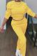 Lemon Yellow Casual Solid Color Buckle Patchwork O Neck Long Sleeve Two Pieces