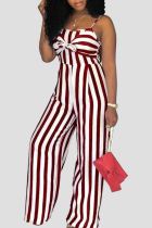 Red Casual Stripe Patchwork Backless Bow Decor Spaghetti Strap Loose Jumpsuits