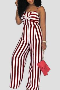 Red Casual Stripe Patchwork Backless Bow Decor Spaghetti Strap Loose Jumpsuits