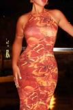 Tangerine Red Elegant Print Patchwork Backless Strap Design Halter Long Dresses