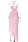 Pink Sexy Print Patchwork Backless High Slit Ruched Strap Design Halter Irregular Dresses