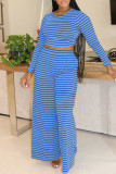 Blue Casual Stripe Patchwork O Neck Long Sleeve Two Pieces