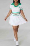 White Elegant Letters Patchwork Pleated Contrast V Neck Short Sleeve Two Pieces