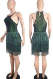 Green Sexy Solid Color Lace Fringed Trim Sequins Buttons Patchwork Backless O Neck Wrapped Skirt Dresses