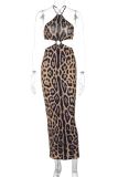 Leopard Print Sexy Leopard Print Hollow Out Patchwork Backless Halter Long Dresses