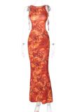 Tangerine Red Elegant Print Patchwork Backless Strap Design Halter Long Dresses