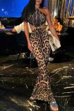 Leopard Print Sexy Leopard Print Hollow Out Patchwork Backless Halter Long Dresses