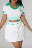White Elegant Letters Patchwork Pleated Contrast V Neck Short Sleeve Two Pieces