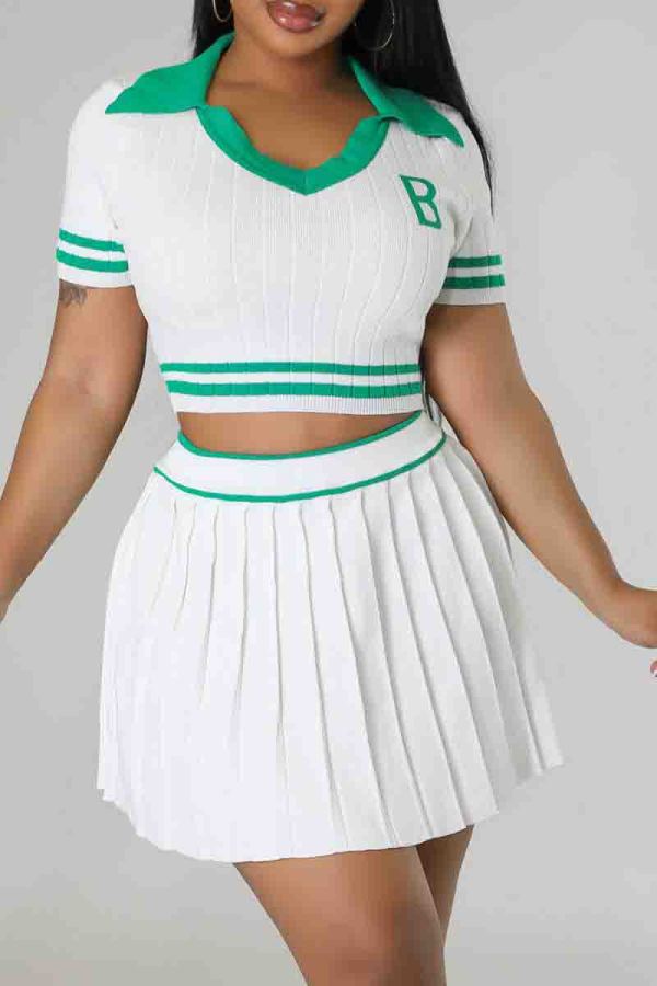 White Elegant Letters Patchwork Pleated Contrast V Neck Short Sleeve Two Pieces