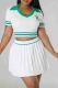 White Elegant Letters Patchwork Pleated Contrast V Neck Short Sleeve Two Pieces