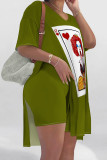 Red Casual Print Patchwork Slit O Neck Short Sleeve Two Pieces