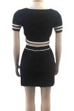 White Elegant Letters Patchwork Pleated Contrast V Neck Short Sleeve Two Pieces