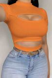 Brown Sexy Solid Color Hollow Out Patchwork O Neck T-Shirts