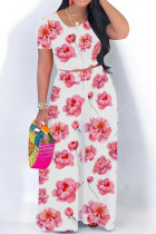 Powder White Casual Print Patchwork O Neck Short Sleeve Two Pieces