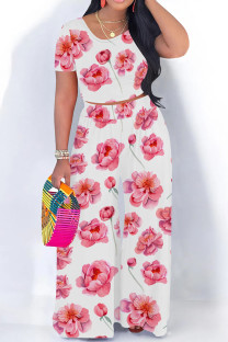 Powder White Casual Print Patchwork O Neck Short Sleeve Two Pieces