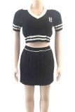 White Elegant Letters Patchwork Pleated Contrast V Neck Short Sleeve Two Pieces