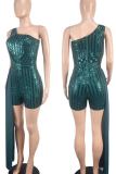 Green Sexy Sequins Patchwork Backless Contrast Oblique Collar Skinny Rompers