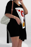 Red Casual Print Patchwork Slit O Neck Short Sleeve Two Pieces