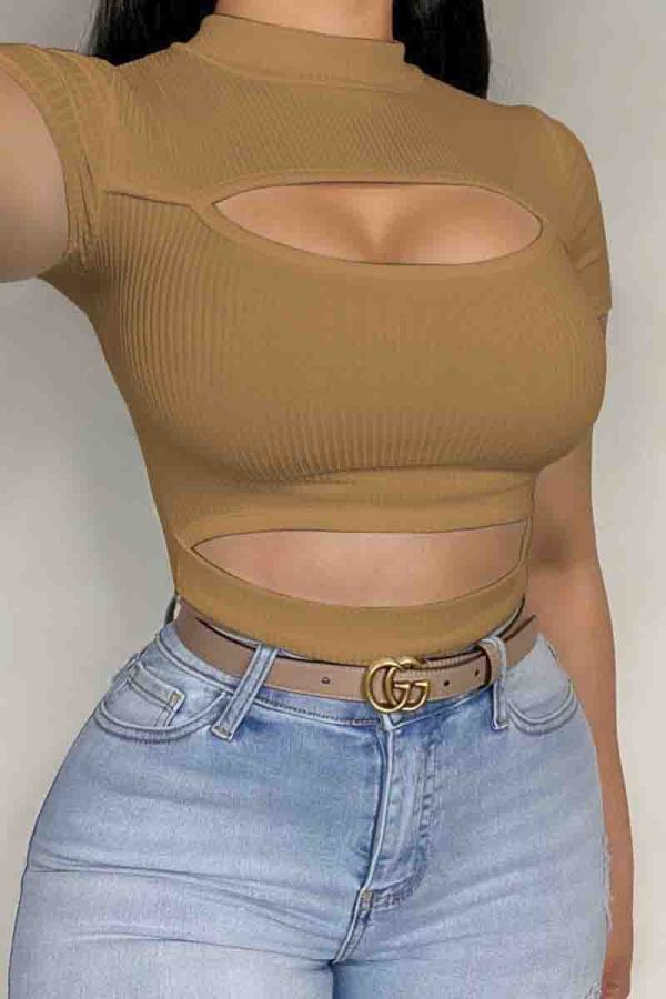 Brown Sexy Solid Color Hollow Out Patchwork O Neck T-Shirts