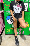 Black Casual Street Cartoon Print O Neck T-Shirts