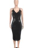 Black Sexy Solid Color Sequins Patchwork Backless Slit Spaghetti Strap Sling Dresses