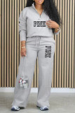 Red Casual Street Letter Print Pocket Zipper Turndown Collar Long Sleeve Two Pieces