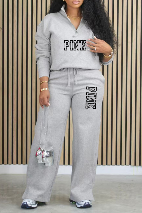 Grey Casual Street Letter Print Pocket Zipper Turndown Collar Long Sleeve Two Pieces