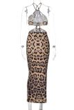 Leopard Print Sexy Leopard Print Hollow Out Patchwork Backless Halter Long Dresses