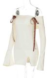 Apricot Sexy Solid Color Patchwork Backless Slit Strap Design Off Shoulder Wrapped Skirt Dresses