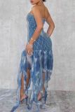 Blue Sexy Print Fringed Trim Patchwork Backless Strapless Irregular Dresses