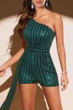 Green Sexy Sequins Patchwork Backless Contrast Oblique Collar Skinny Rompers