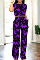 Black Purple Casual Print Pocket Patchwork O Neck Short Sleeve Two Pieces