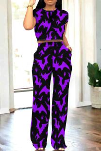 Black Purple Casual Print Pocket Patchwork O Neck Short Sleeve Two Pieces