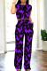 Black Purple Casual Print Pocket Patchwork O Neck Short Sleeve Two Pieces