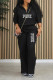 Black Casual Street Letter Print Pocket Zipper Turndown Collar Long Sleeve Two Pieces