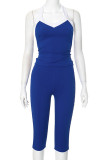 Blue Sexy Patchwork Backless Contrast Halter Sleeveless Two Pieces