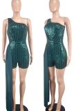 Green Sexy Sequins Patchwork Backless Contrast Oblique Collar Skinny Rompers