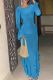 Blue Elegant Solid Color Patchwork Strap Design Ruffled Trim O Neck Long Dresses